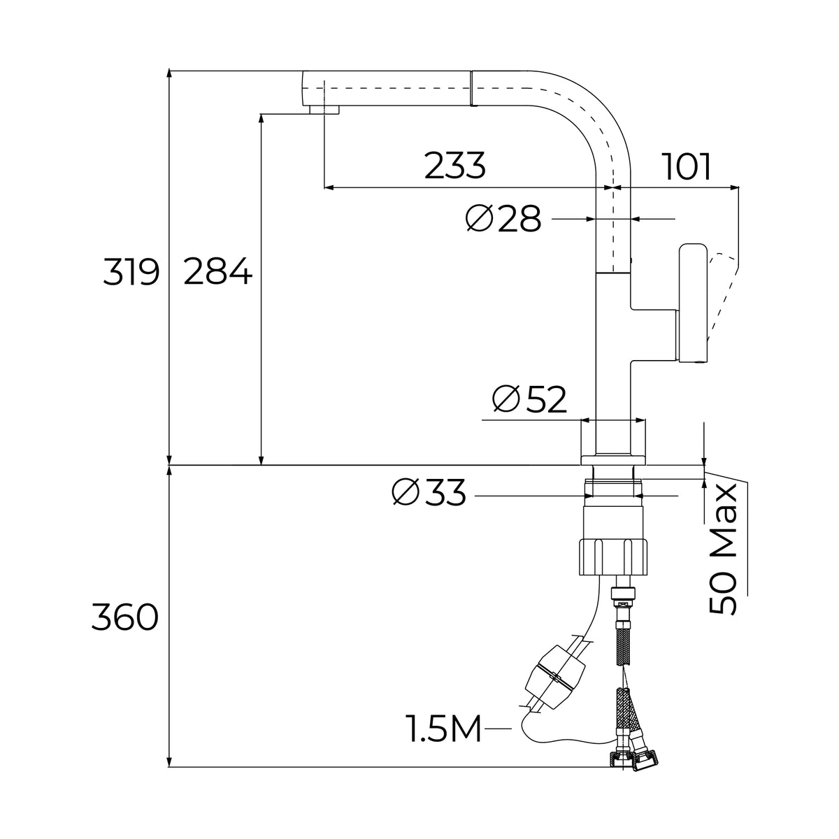 OVAL 938 Single lever pull-out kitchen tap with oval body and 38 flexible inlet pipes