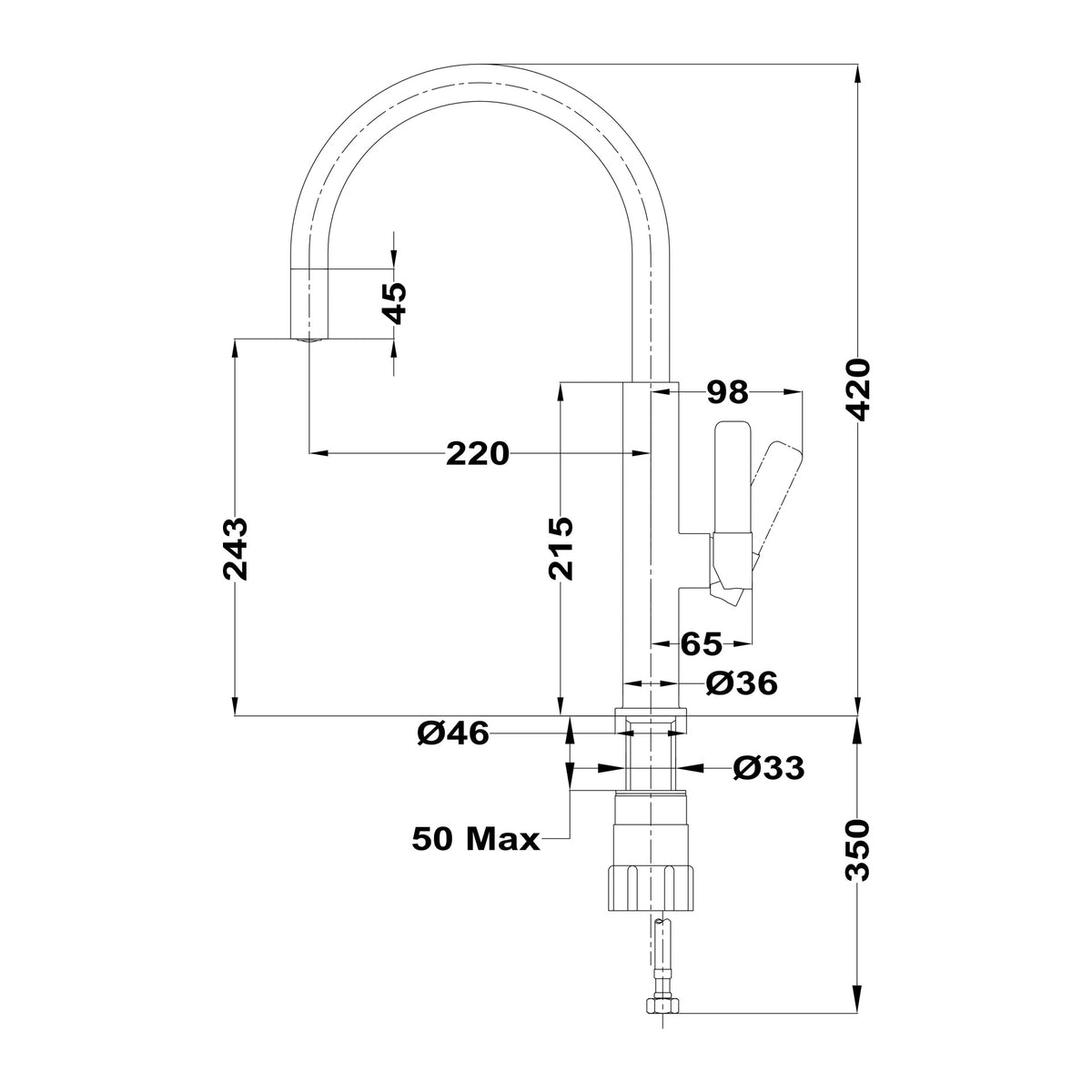 TEKA FOT 995 matte black kitchen tap, technical drawing